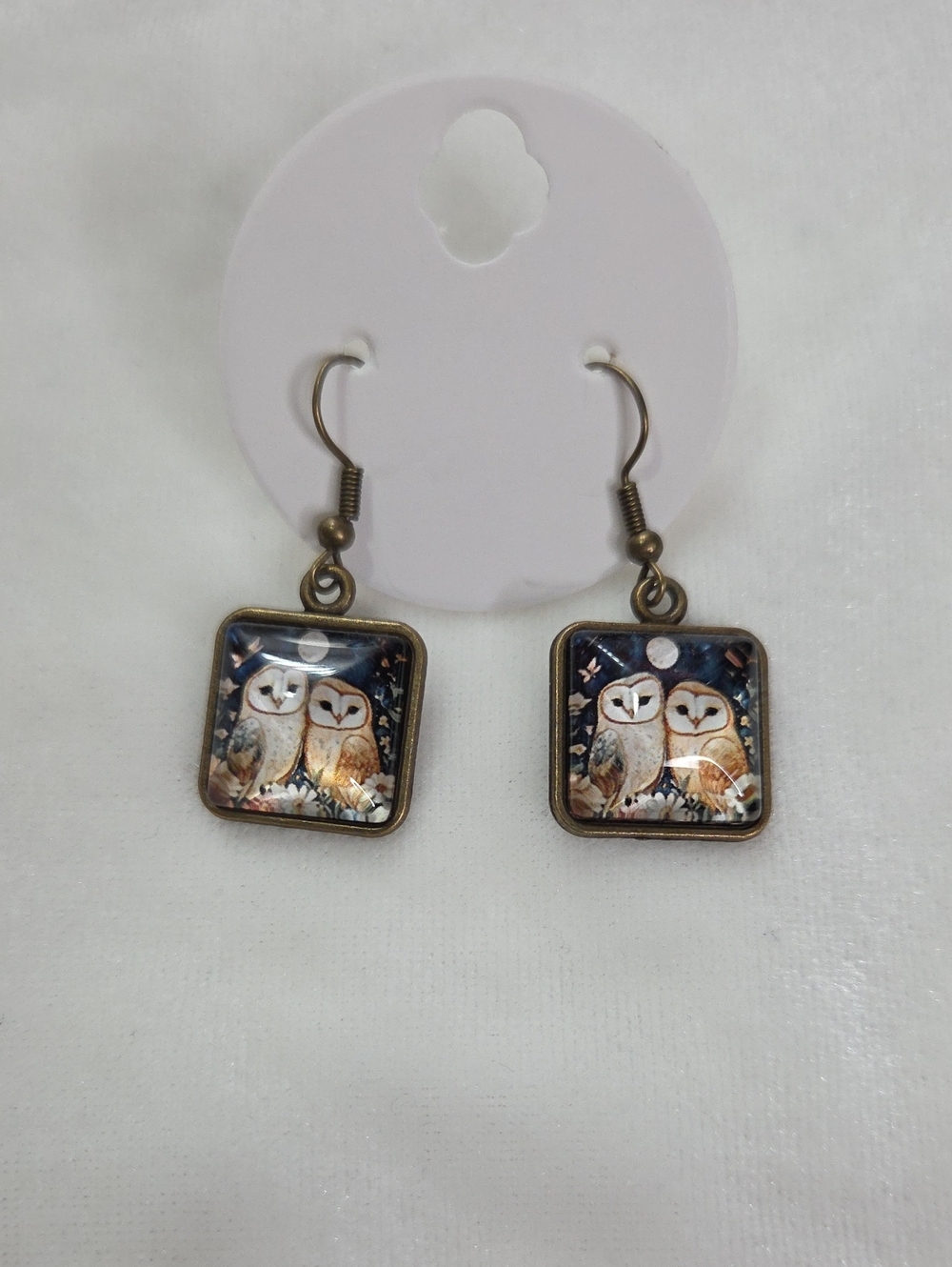 Ladies Square Glass Owls Design Pierced Earrings Dangle Drop Earrings Moon